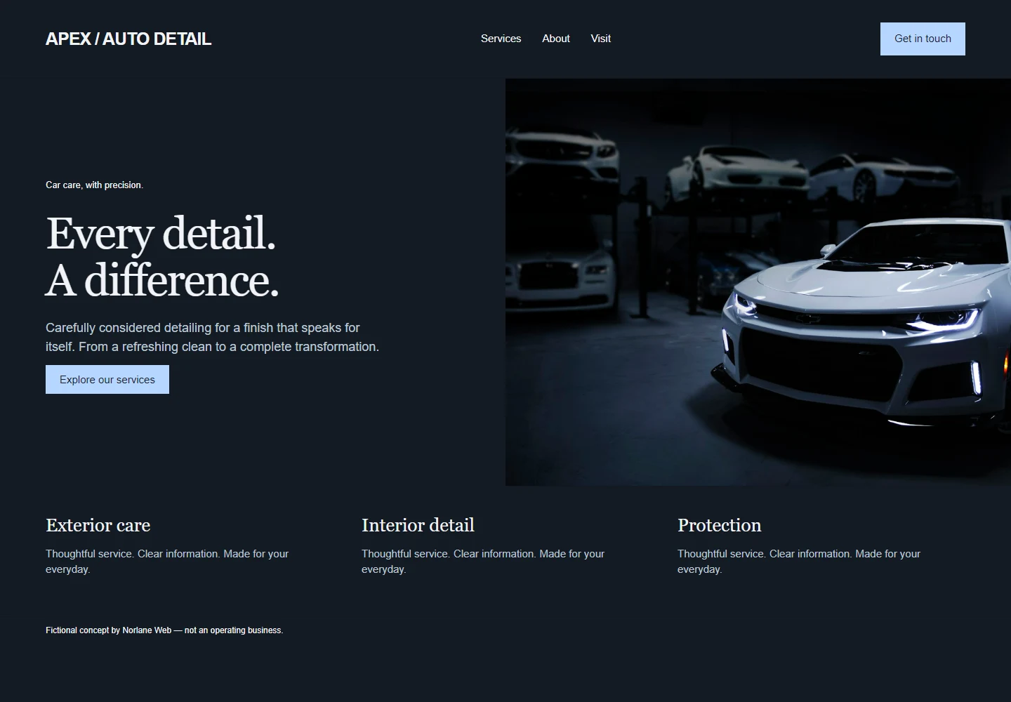 Fictional Apex Auto Detail website concept with a dark layout and blue sports car.