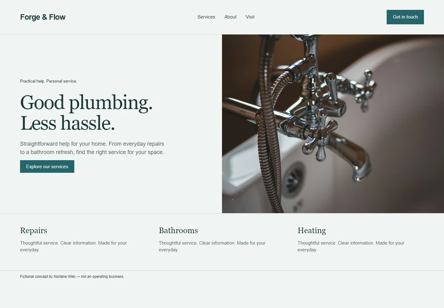 Fictional Forge and Flow plumbing website concept with blue accents and plumbing tools.